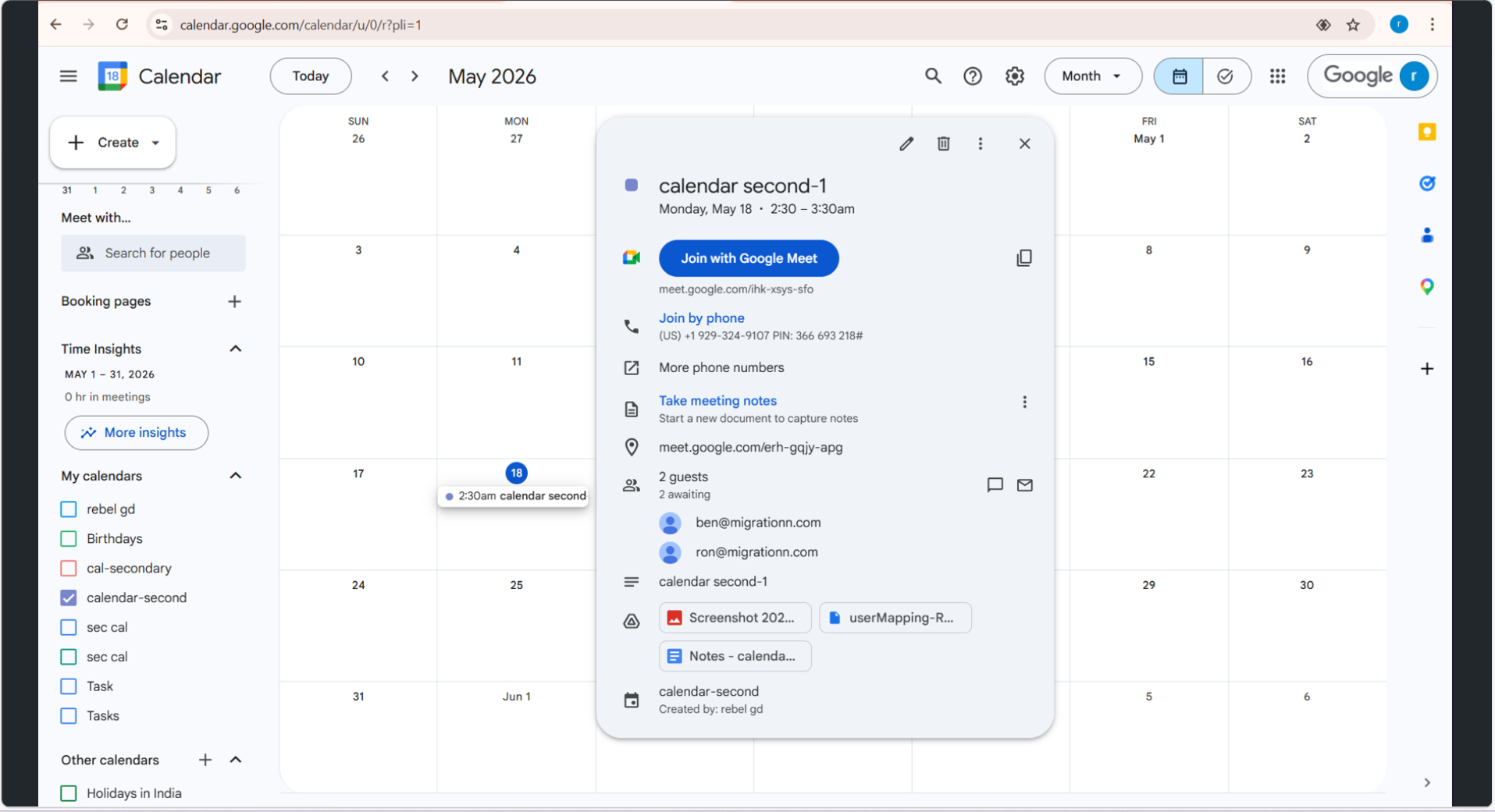 Destination calendar migration