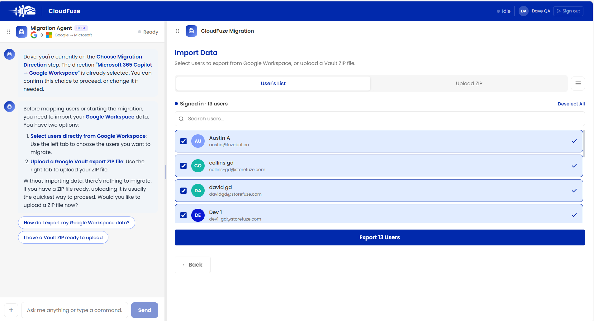 Exporting users from Google Workspace for Gemini migration.