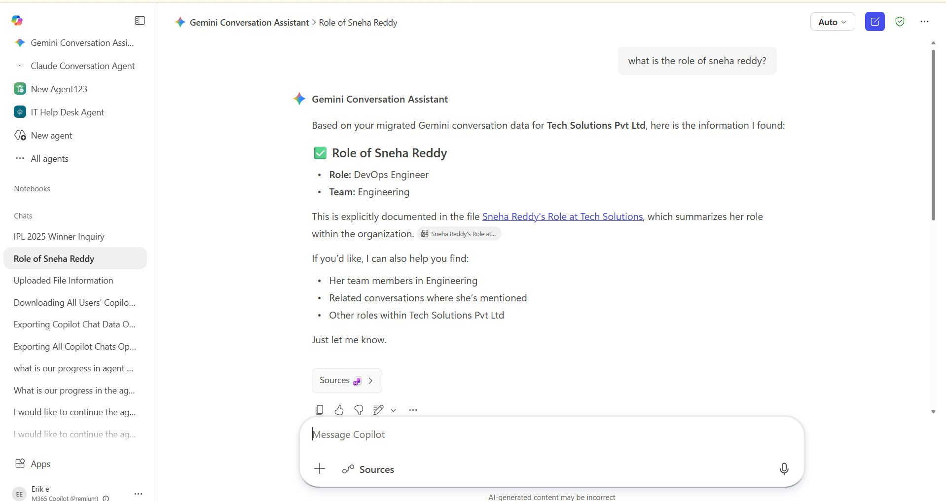 Gemini Conversation Assistant Agent in Copilot