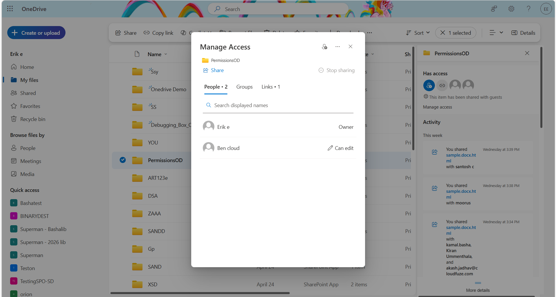 Manage access option in OneDrive