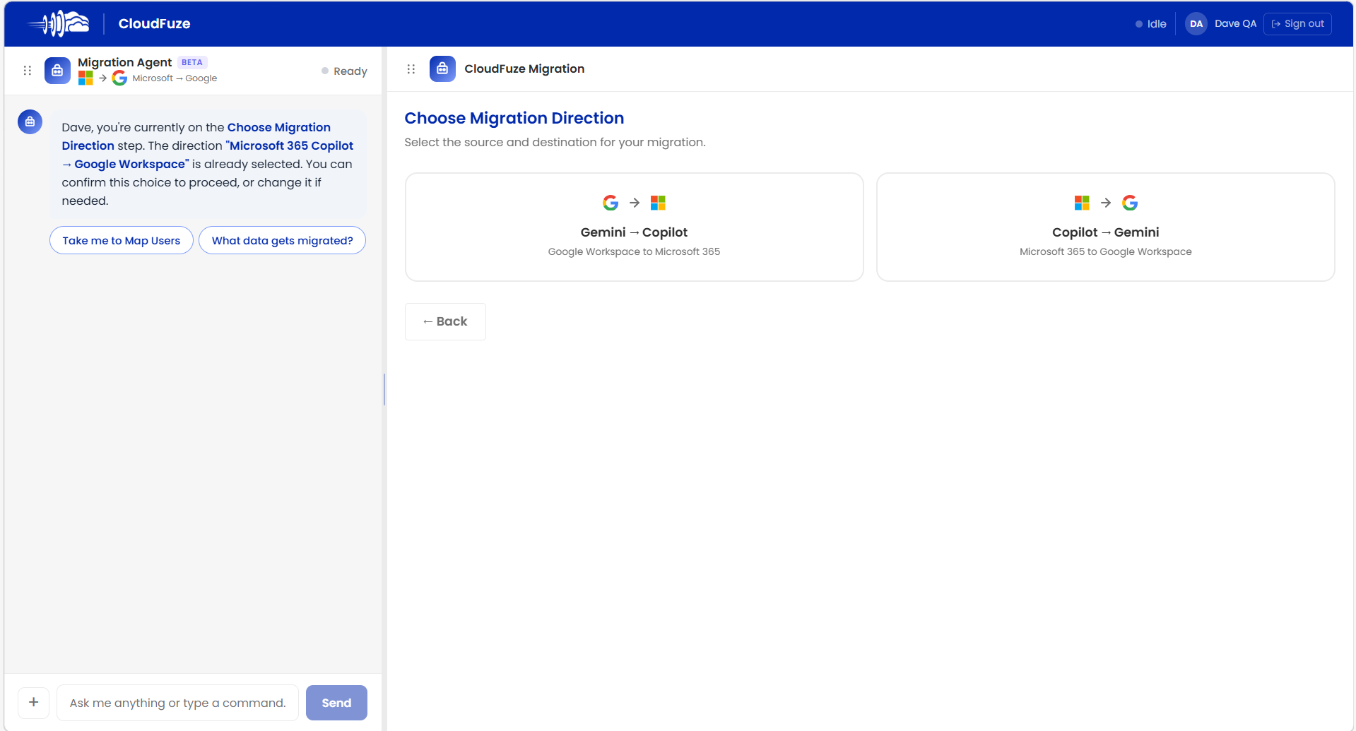 Migration path options in the CloudFuze AI app migration tool.