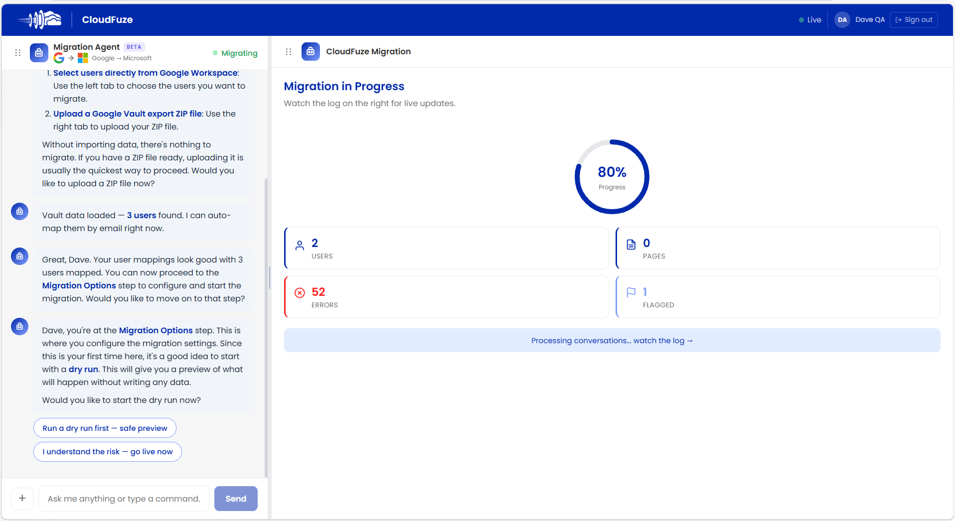Monitoring the Gemini to Copilot migration process in CloudFuze tool