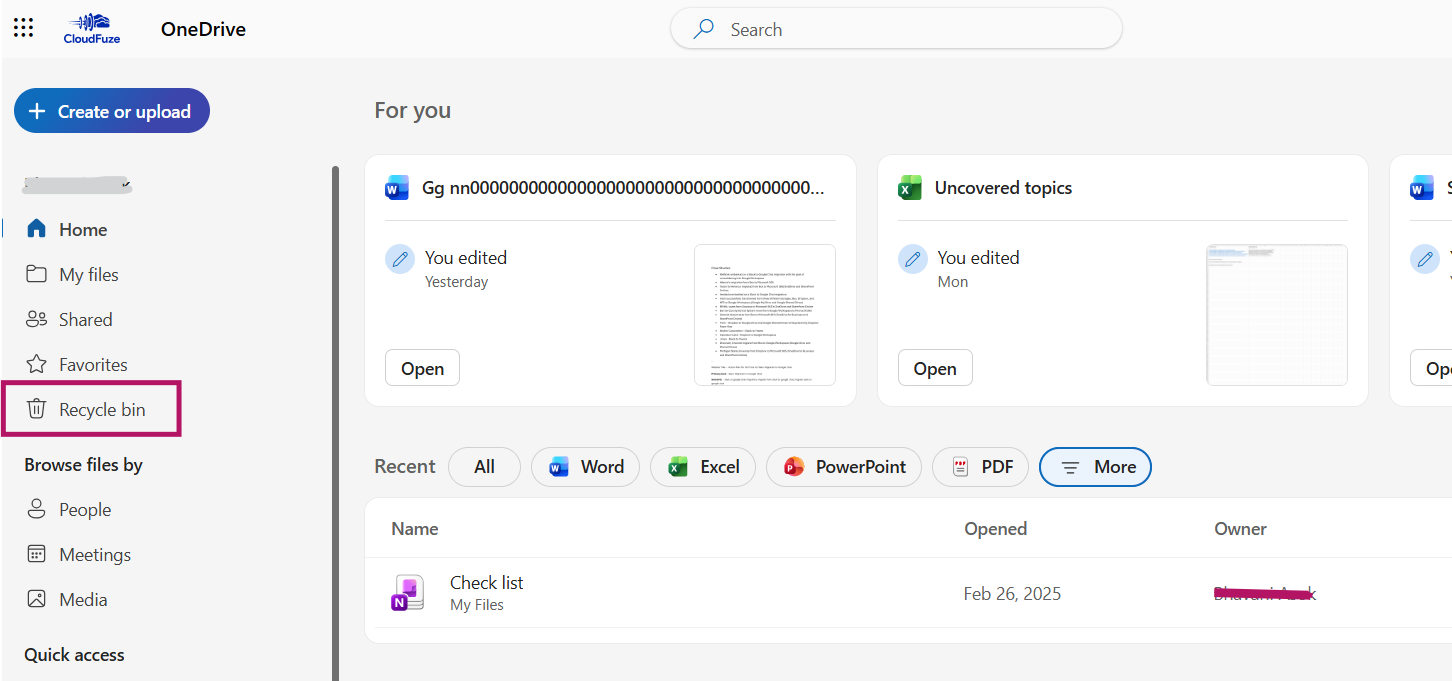 Navigating to OneDrive Recycle Bin