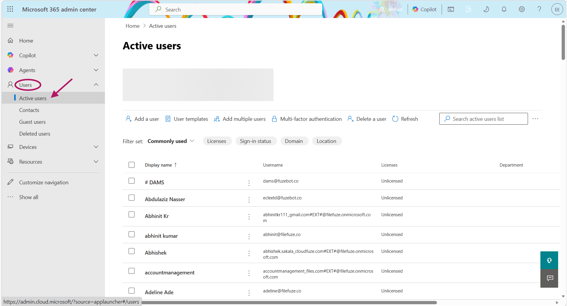 Navigating to active users in admin center