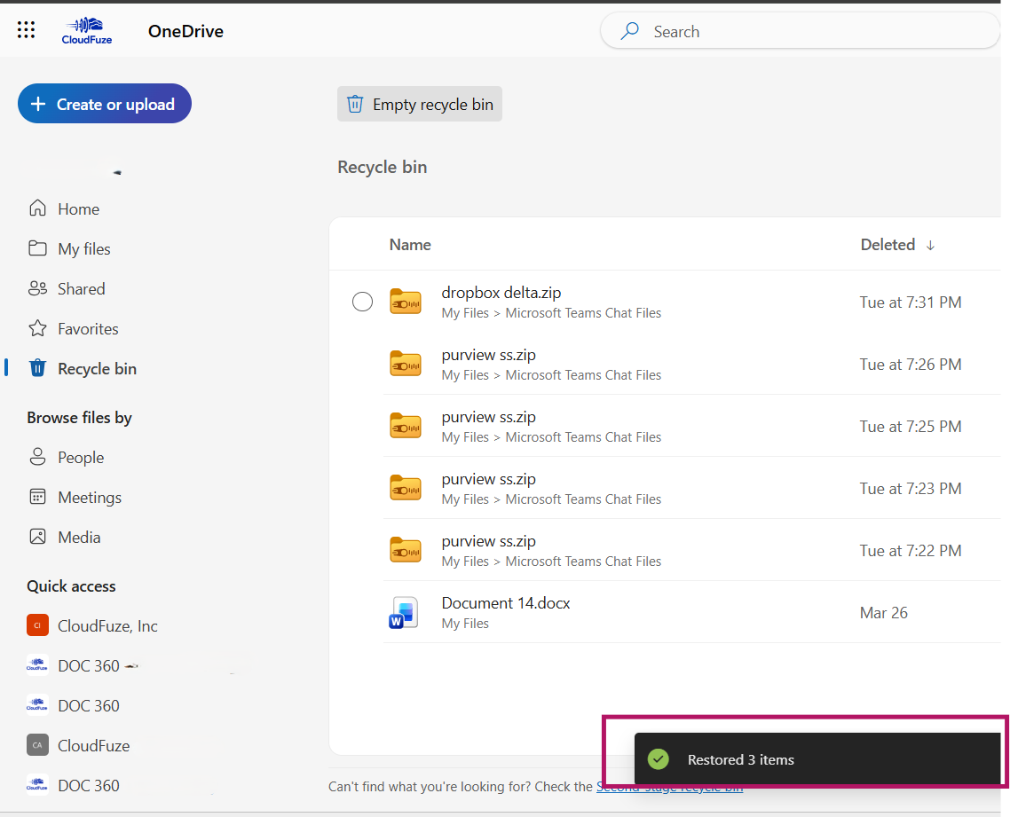 OneDrive file restoration from recycle bin