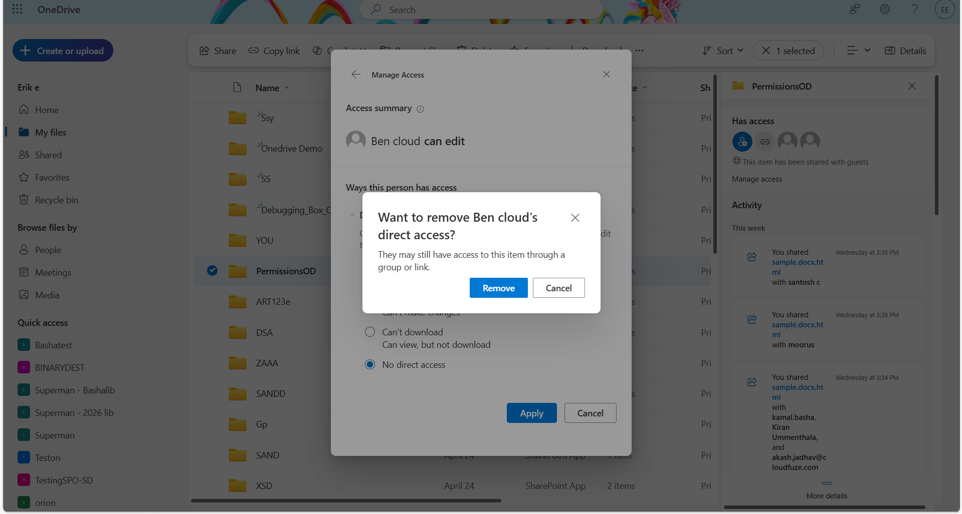 Removing direct access to an user in OneDrive