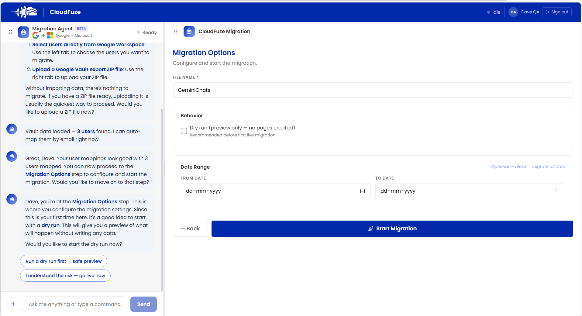 Selecting Gemini to Copilot migration options