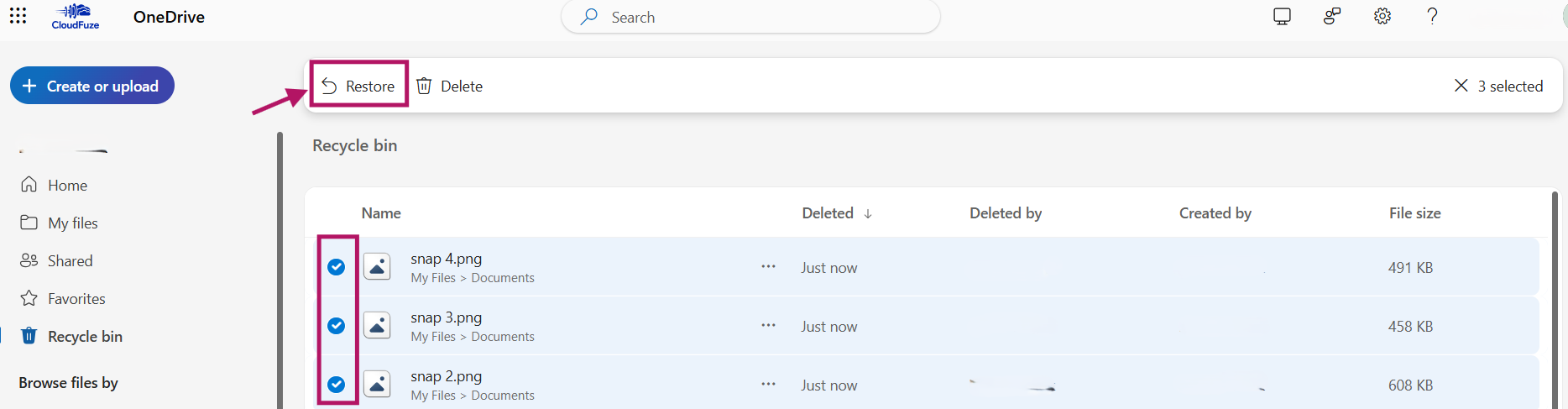 Restoring OneDrive files from Recycle Bin