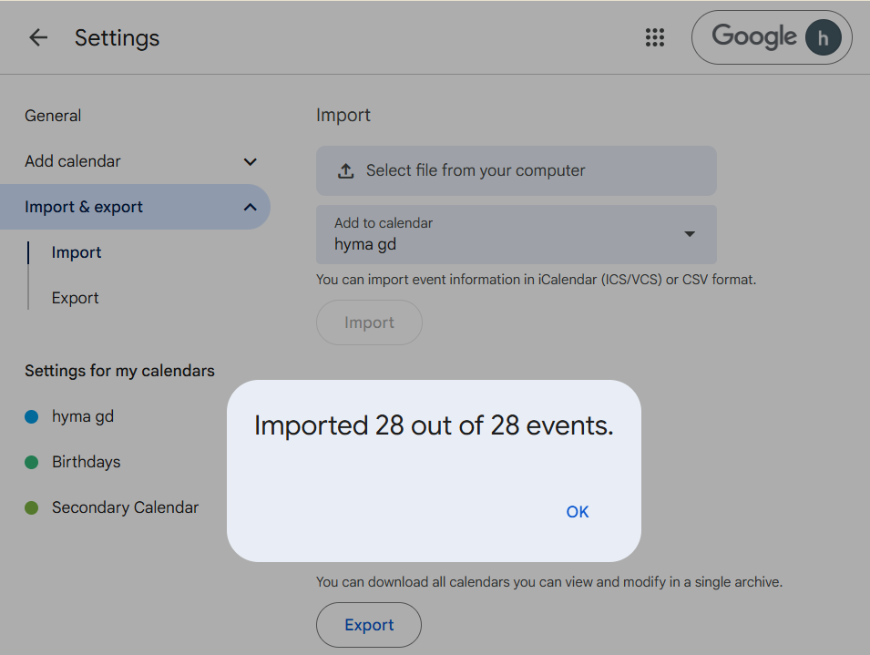 Events imported into primary calendar