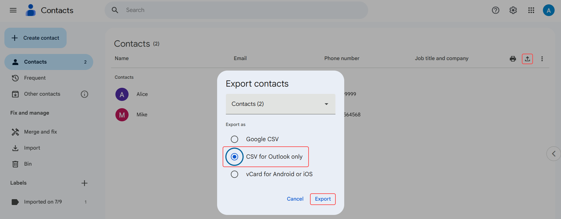 Export Gmail contacts