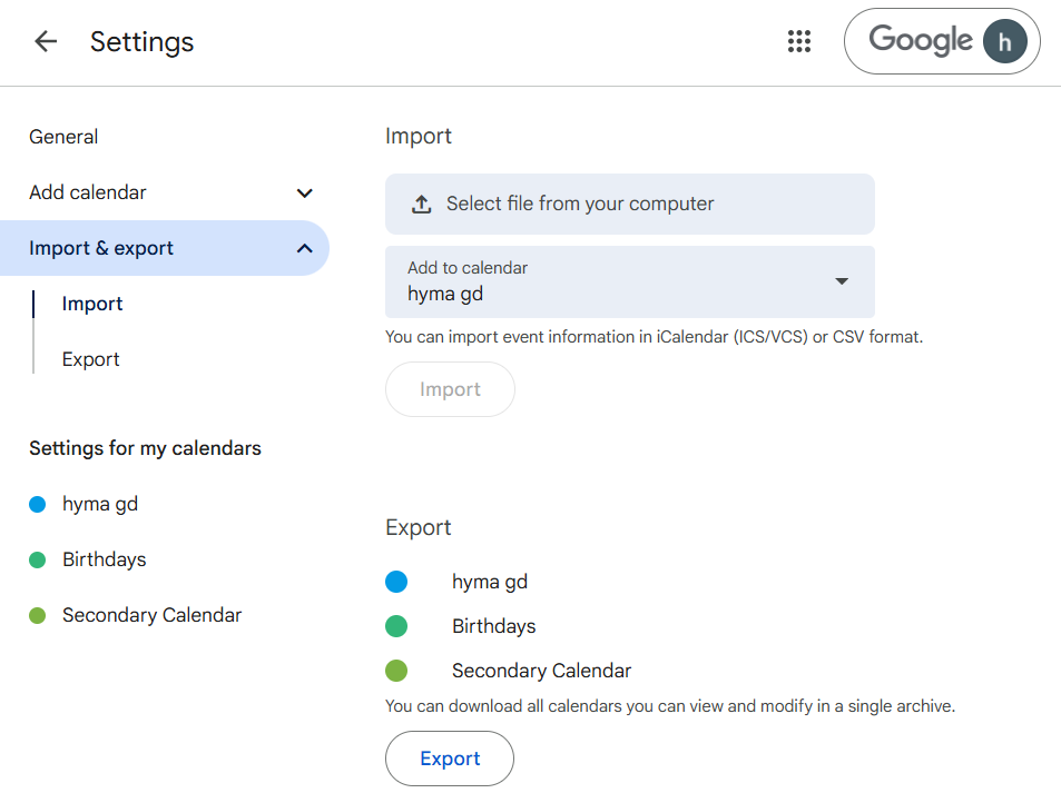 Navigating to Import and export under settings