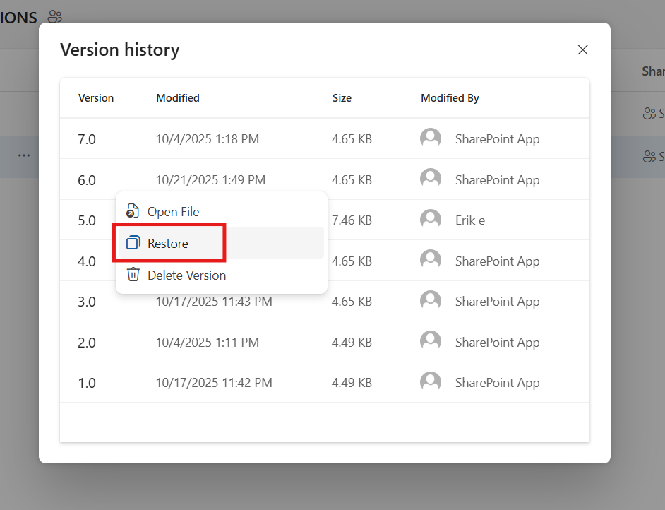 Restoring file version in OneDrive