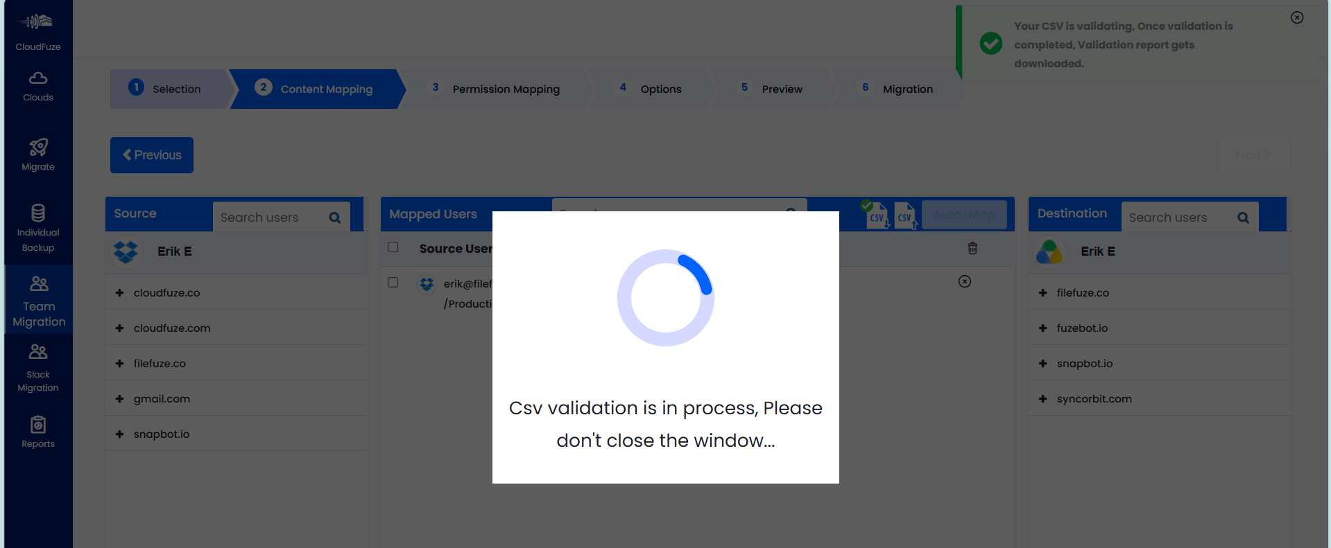 Step 12: Allow CloudFuze to Validate the CSV File