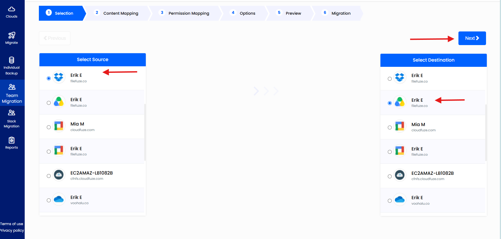 Step 9: Select Source and Destination Cloud Accounts