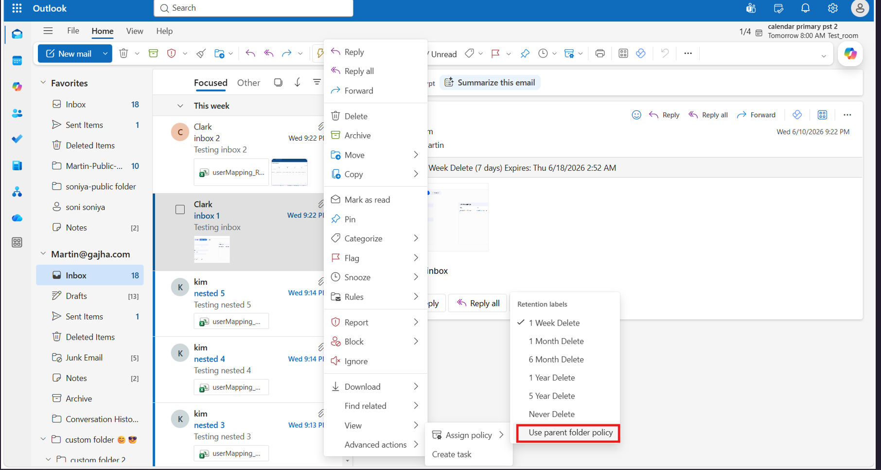 Assigning policy as Use parent folder policy