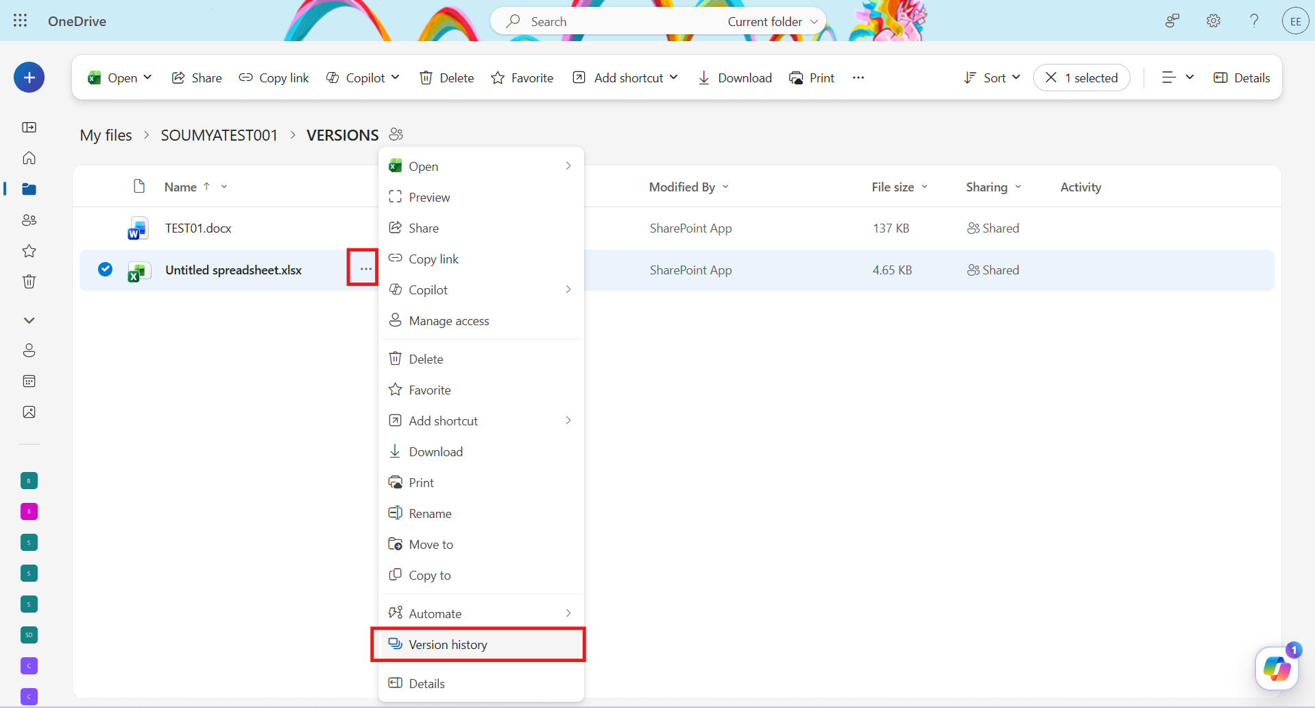 navigating to version history