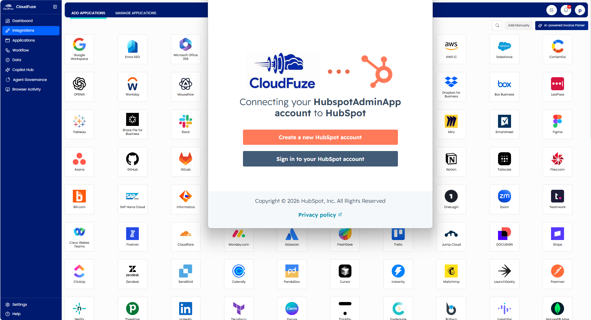 CloudFuze Manage: HubSpot Authentication Dashboard