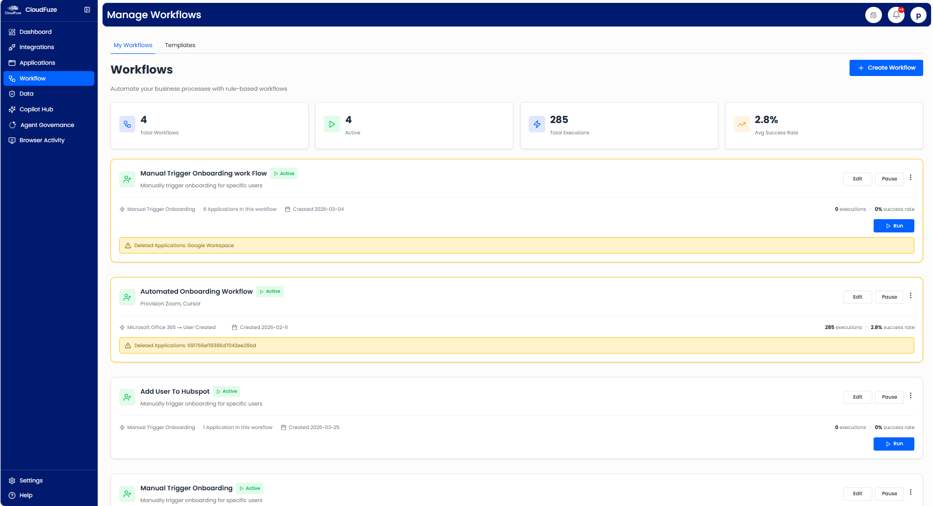 CloudFuze Manage: Workflow Tab