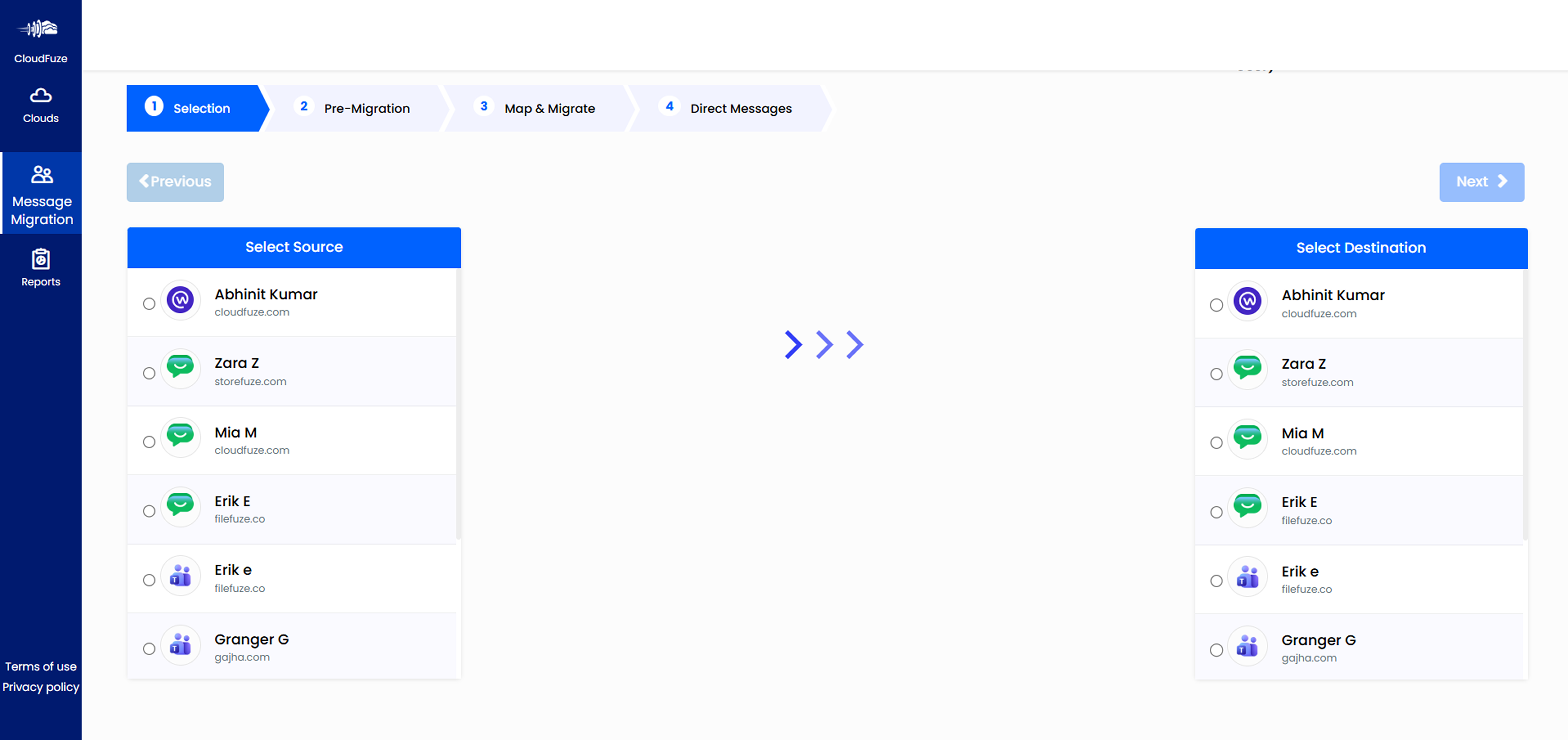 CloudFuze Migration Dashboard Chat Migration