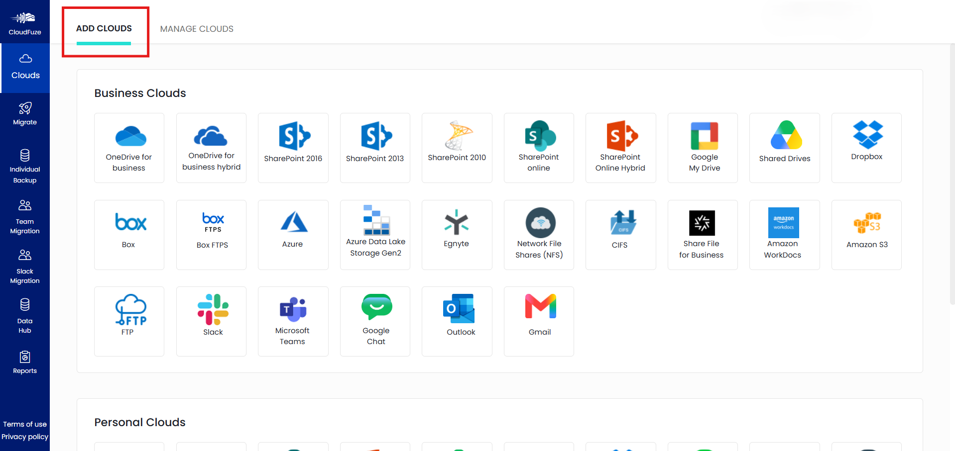 CloudFuze Migration Dashboard Cloud Adding