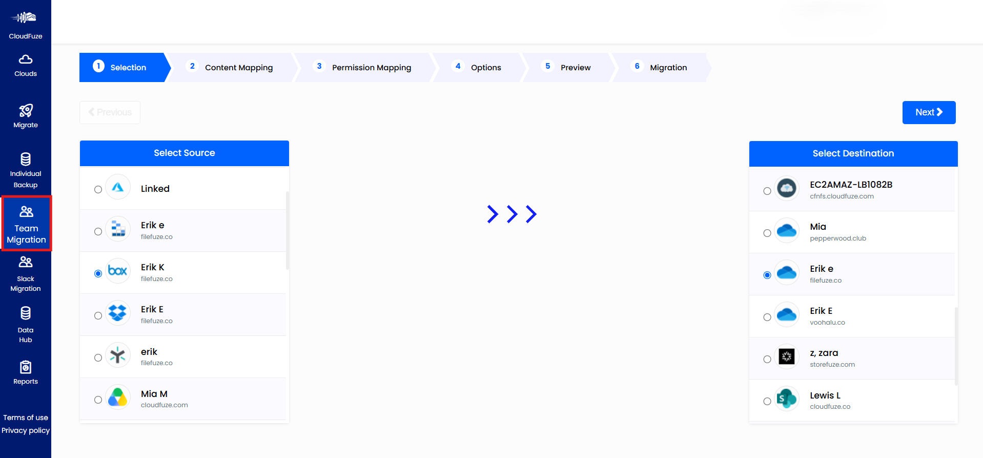 CloudFuze Migration Dashboard Team Migratio