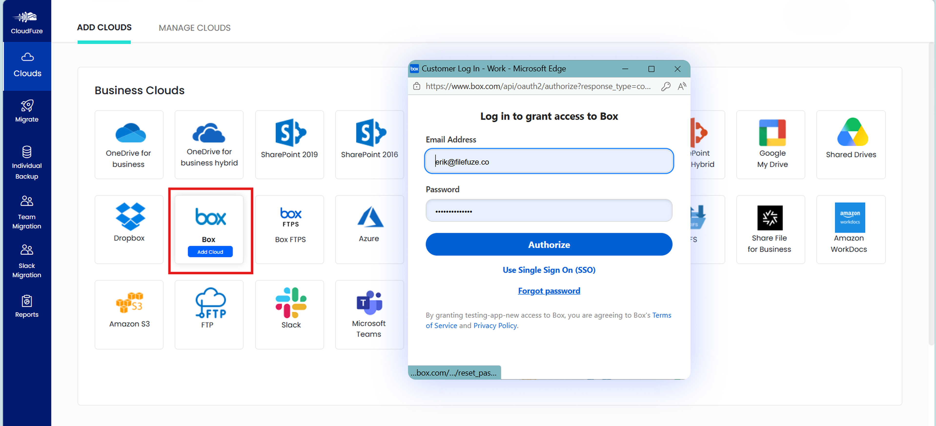Connecting Box cloud to CloudFuze Migrate