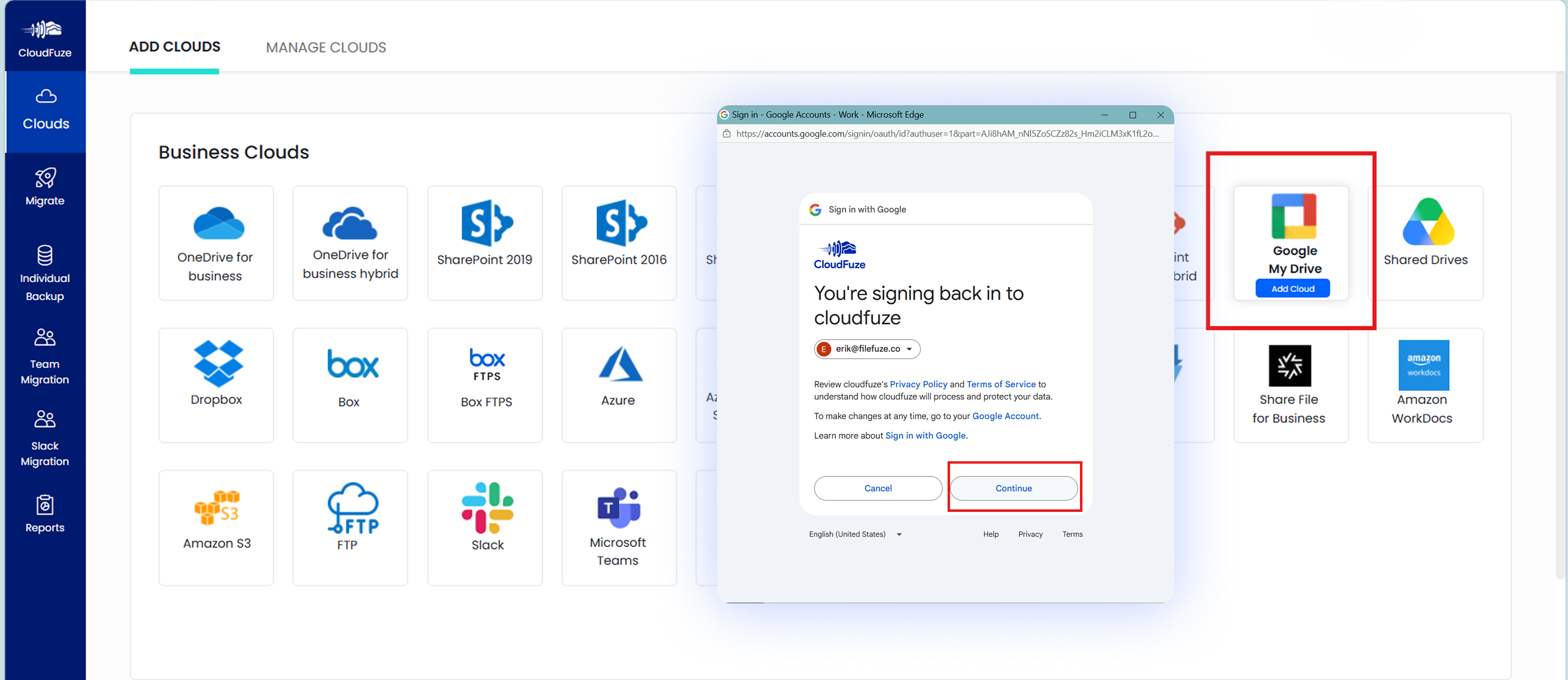 Connecting Google Drive to CloudFuze Migrate