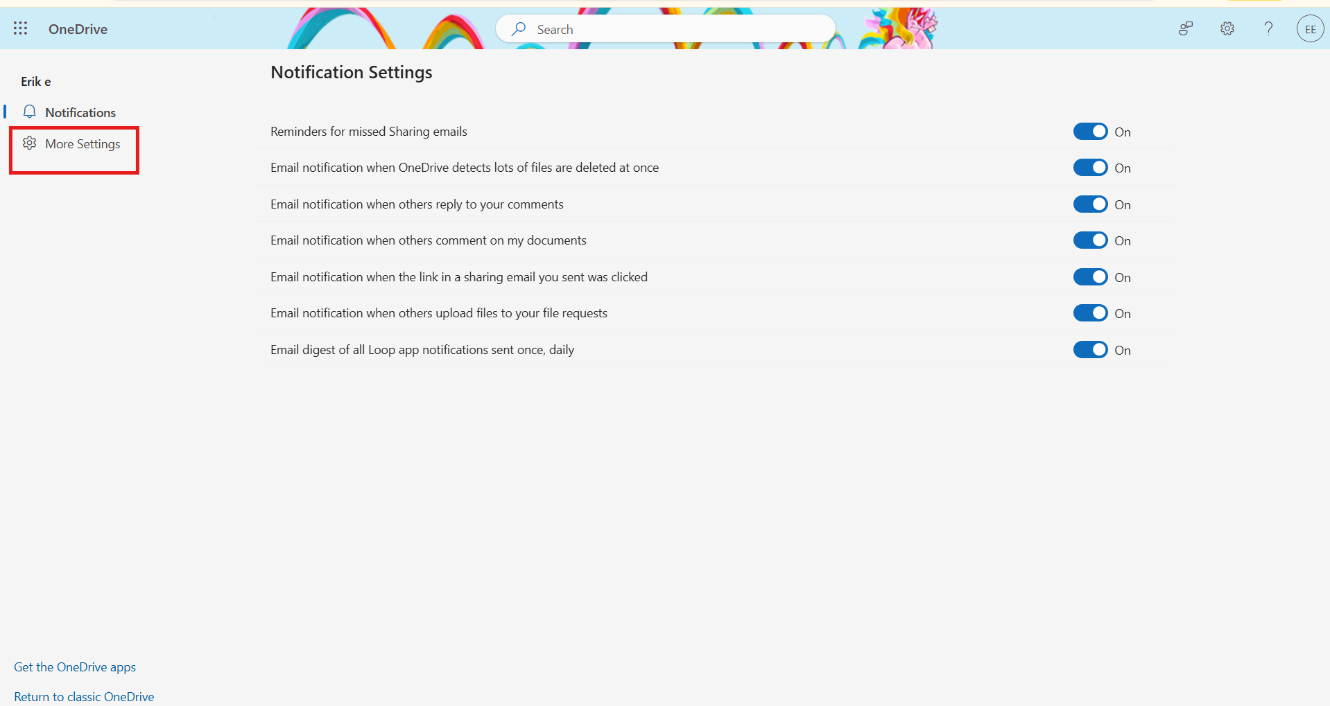 More Settings in OneDrive