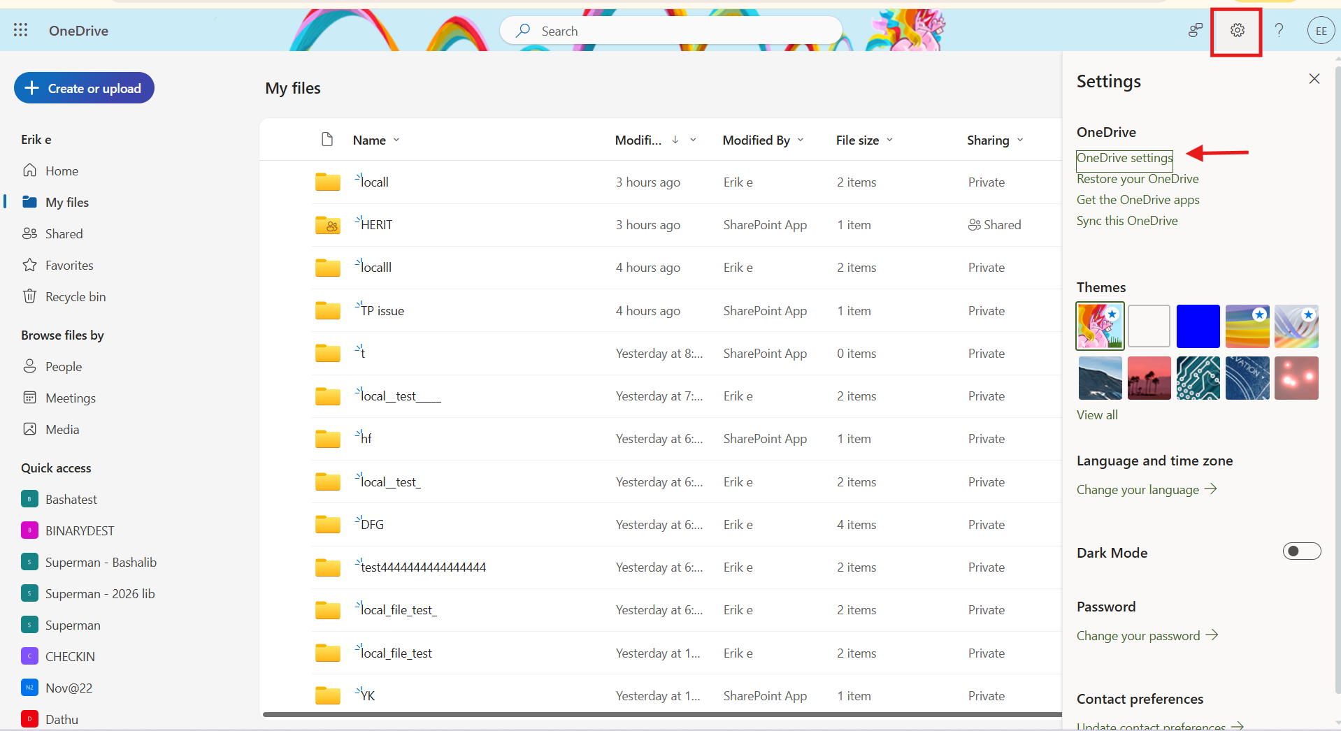 OneDrive settings menu in OneDrive
