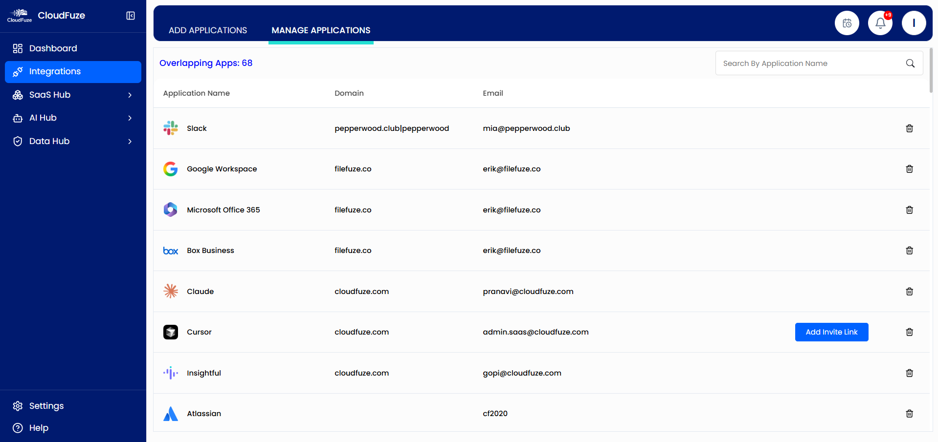 Viewing Apps Added to CloudFuze Manage