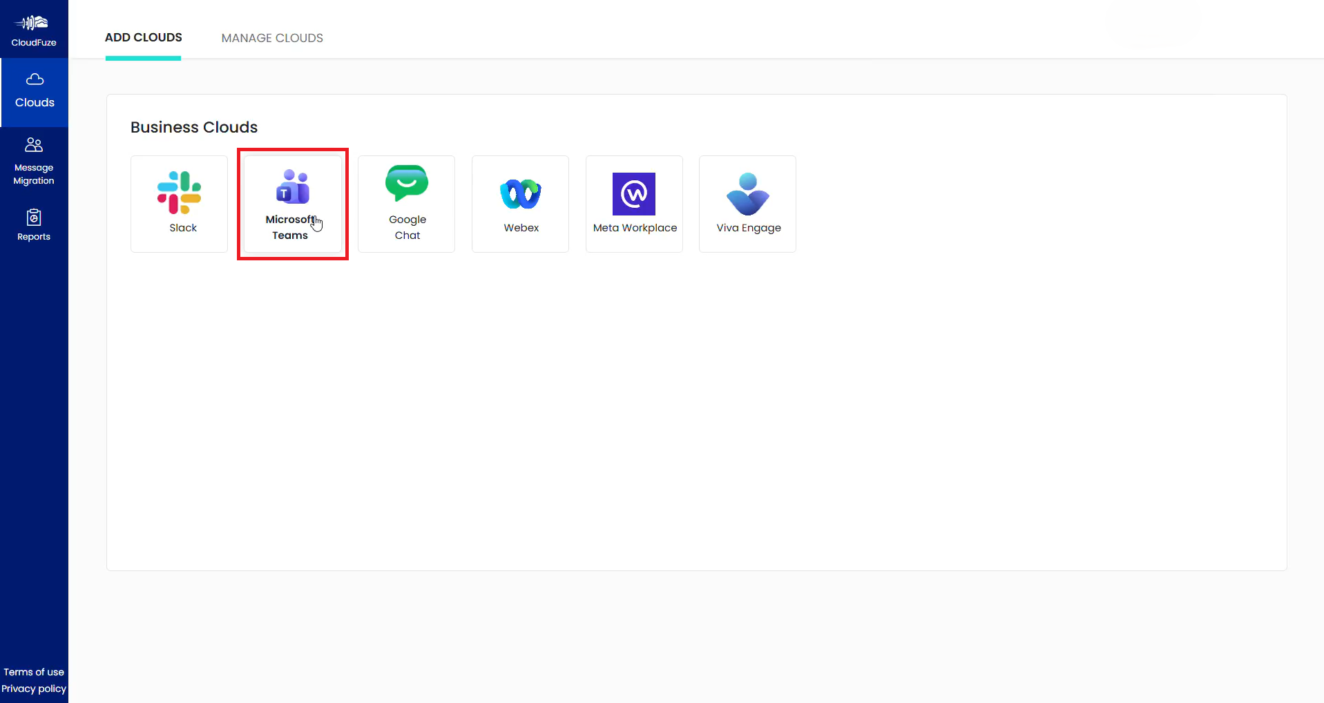 Adding Microsoft Teams cloud to CloudFuze