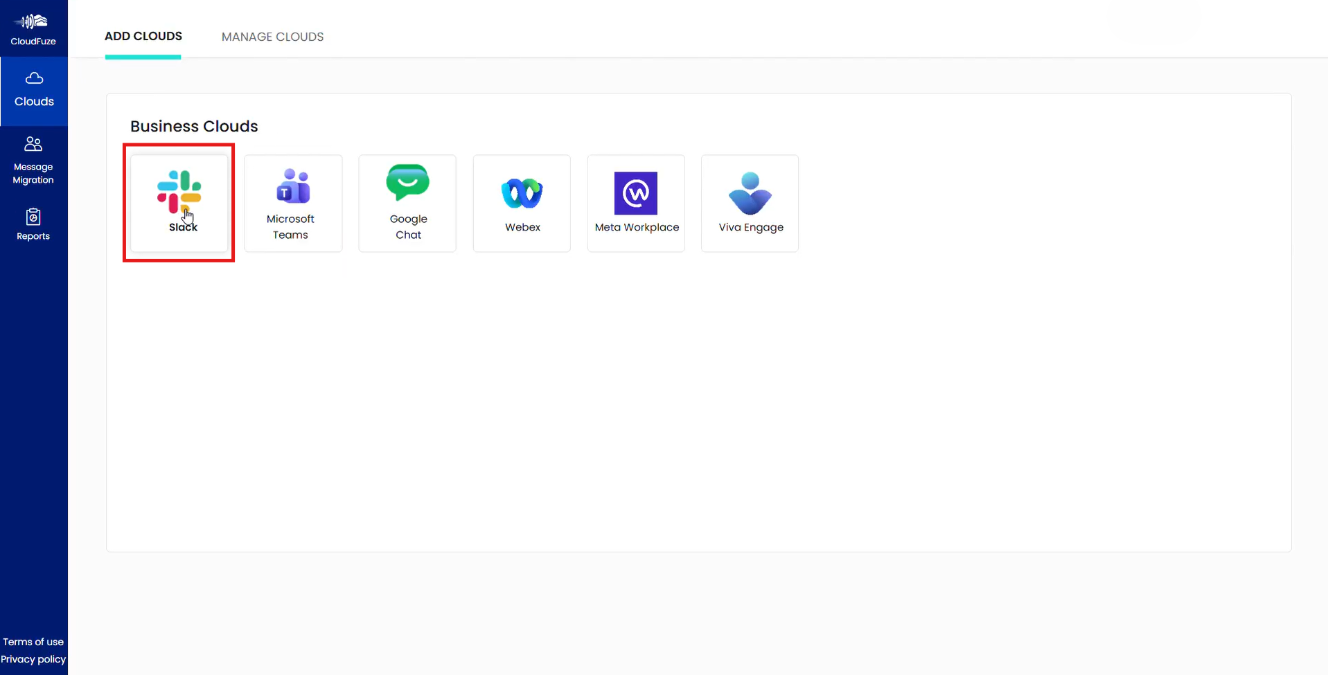 Adding Slack cloud to CloudFuze tool