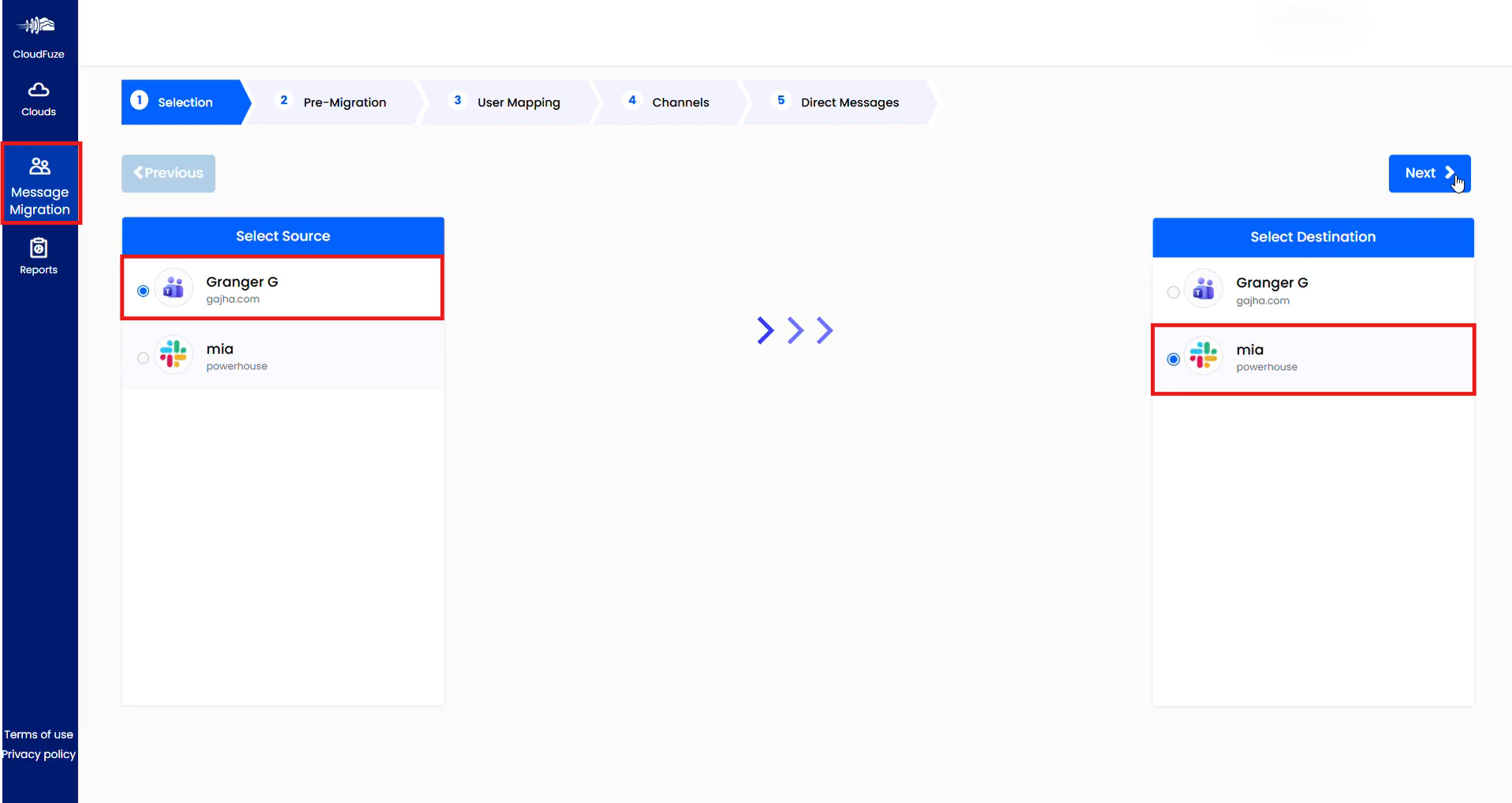 Choosing the source and destination cloud
