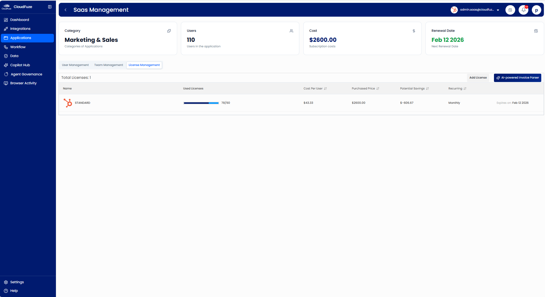 CloudFuze Manage: License Management Tab