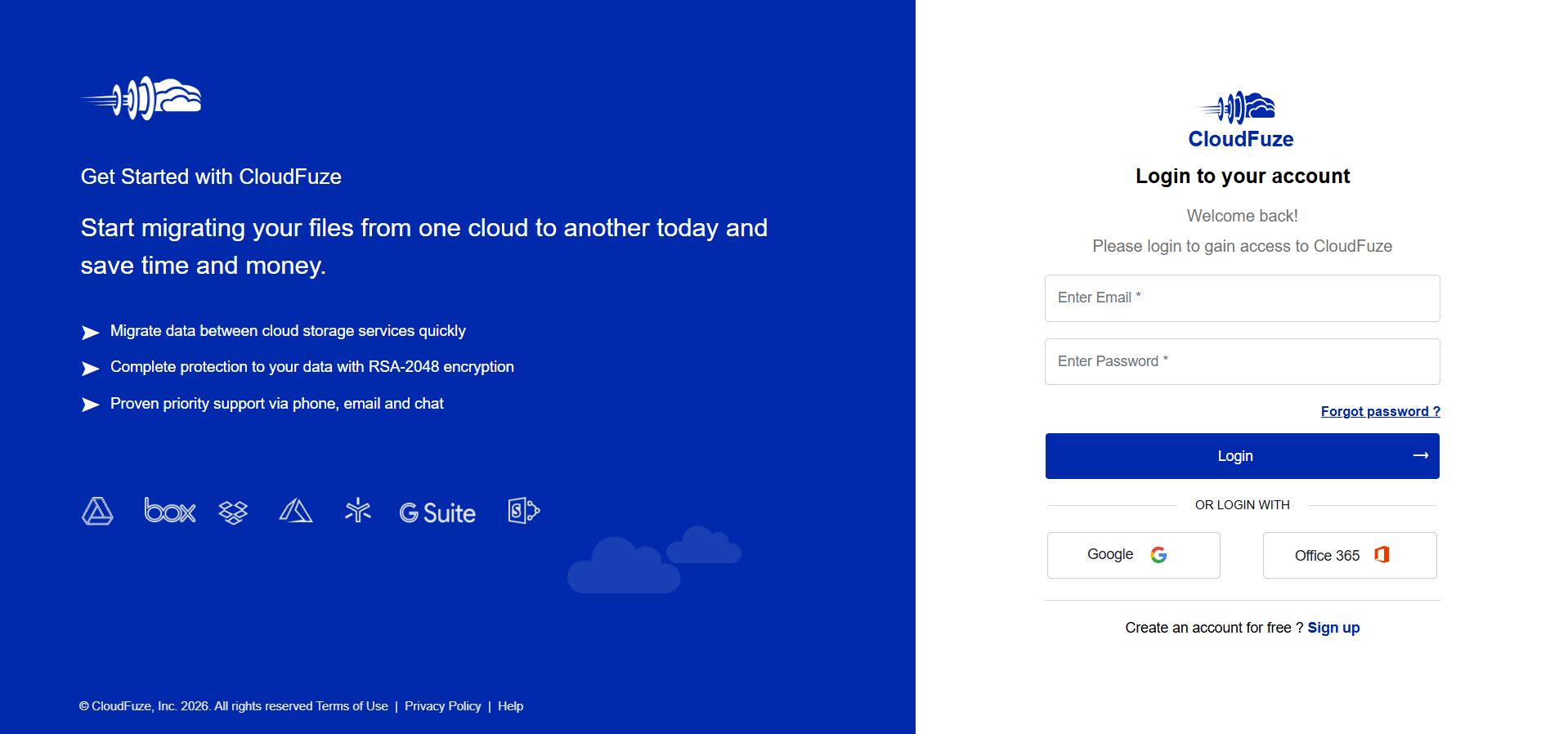 CloudFuze migration platform login page