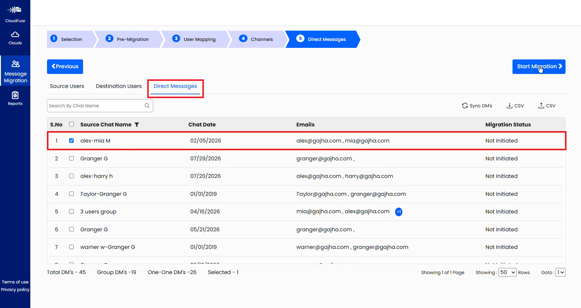 Select Direct Messages to Migrate