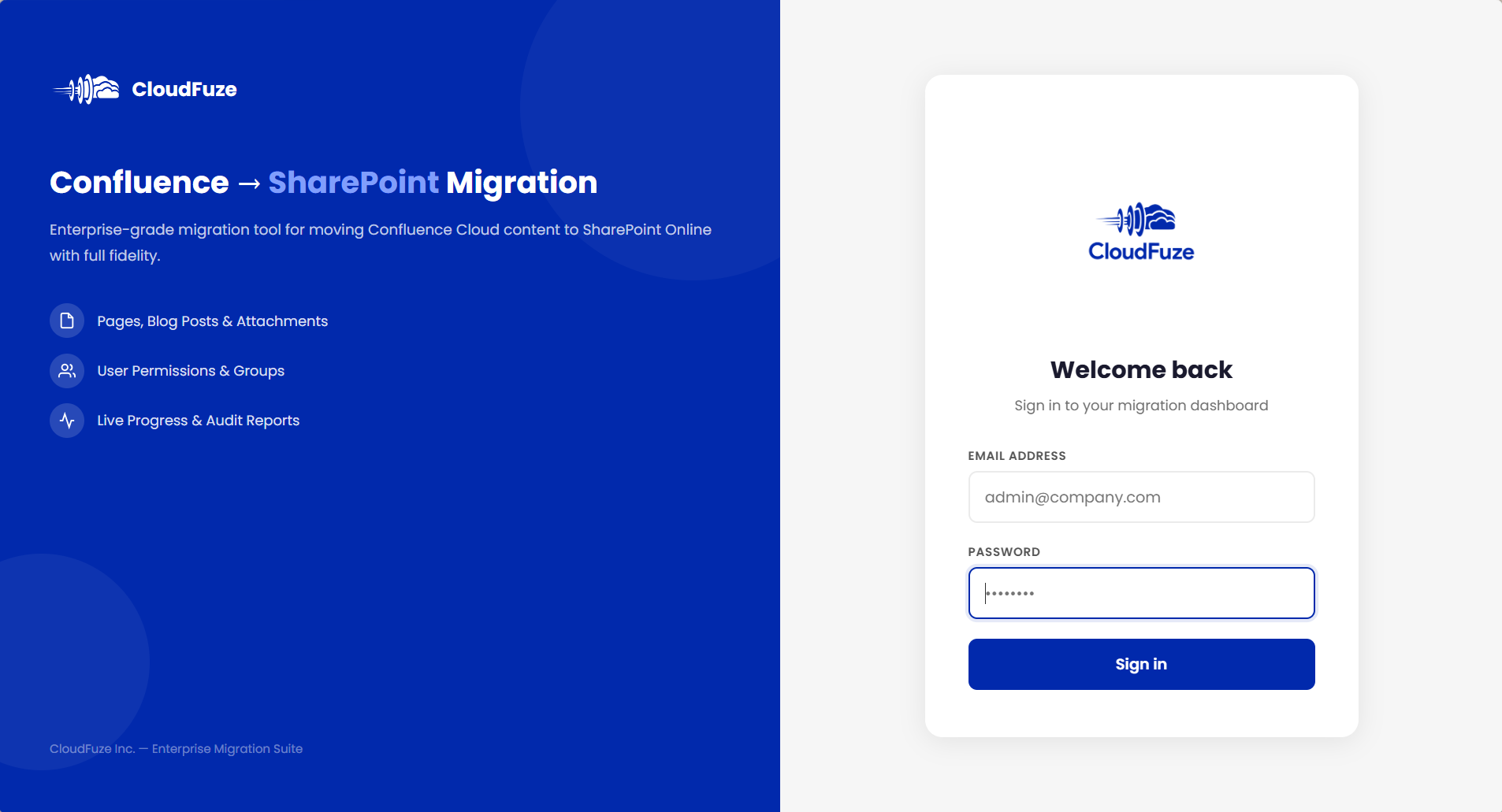 Log in to CloudFuze's Confluence to SharePoint Online migration tool