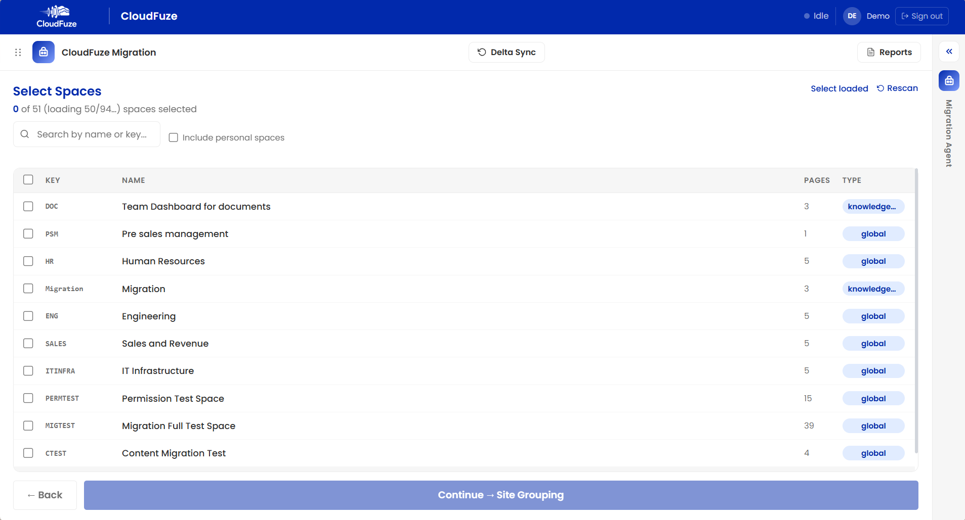 Select your Confluence Spaces to migrate