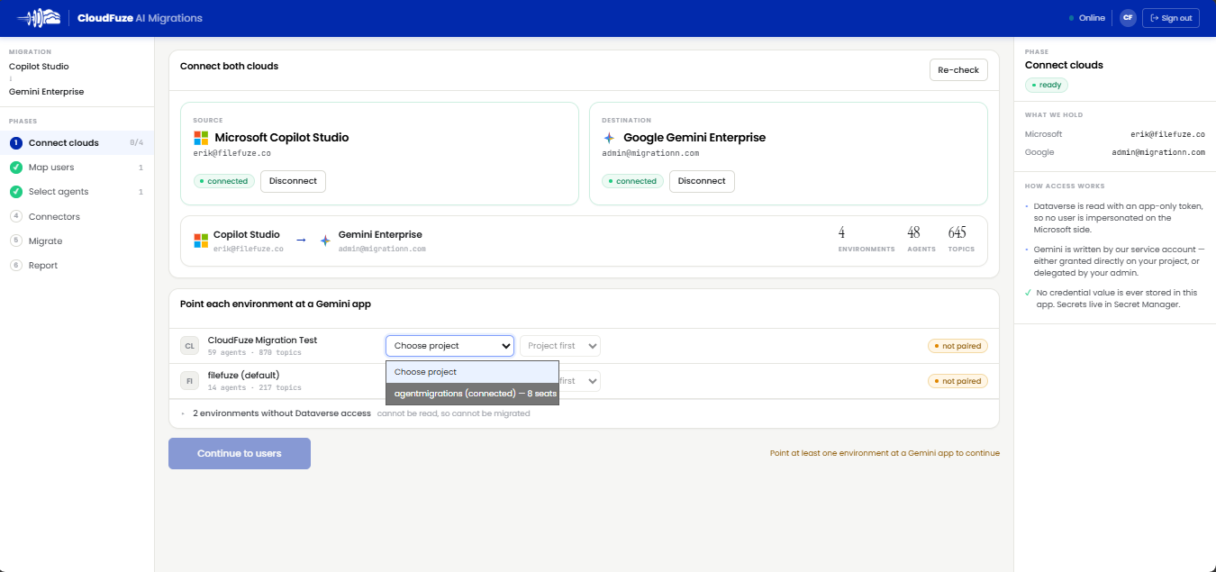 Choosing projects on Copilot side