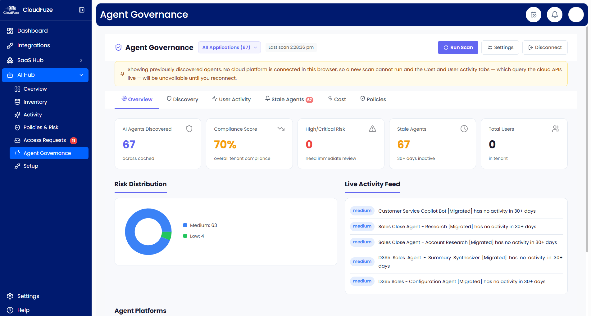 CloudFuze Manage: Agent Governance Overview Tab