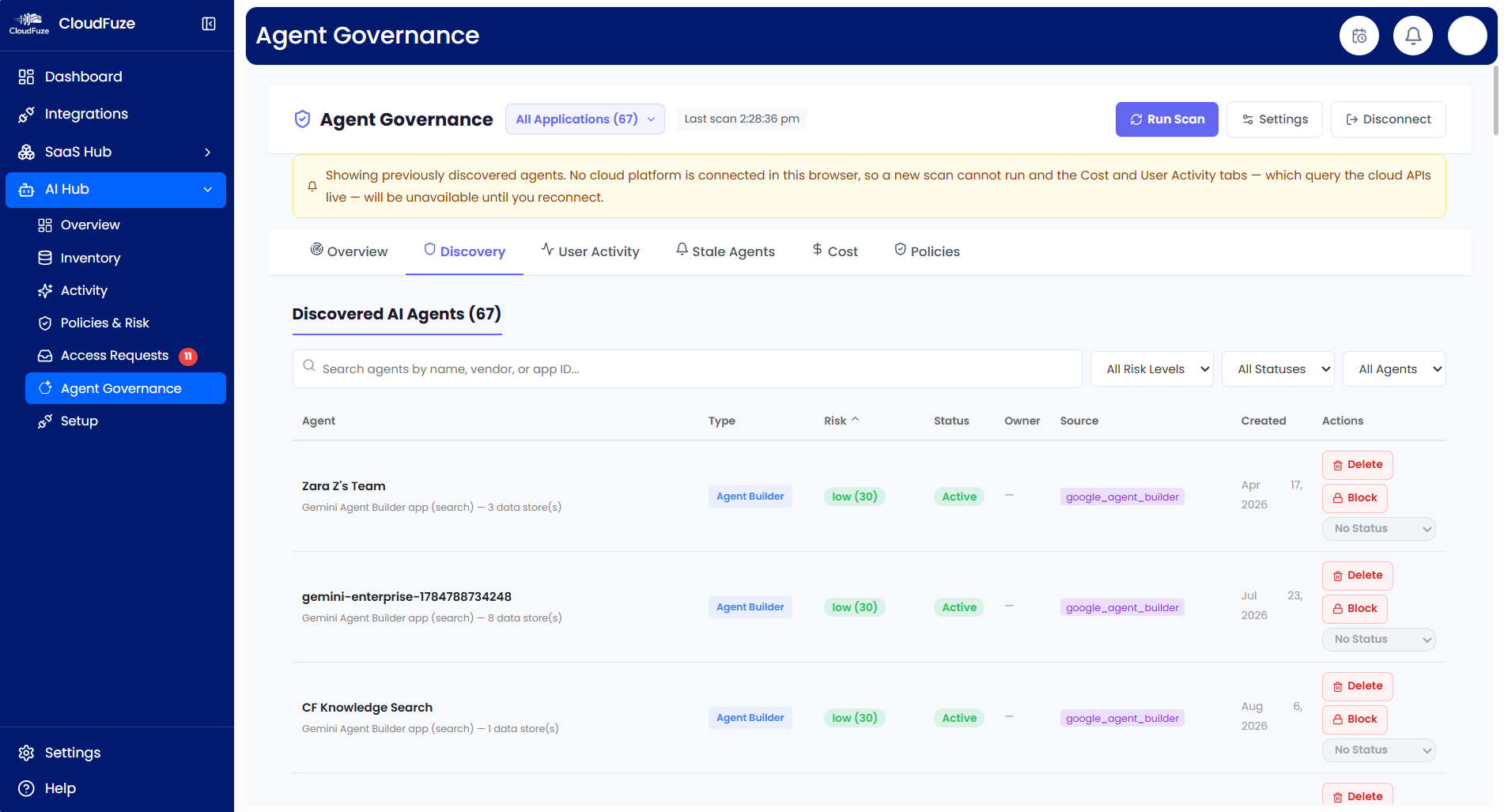 CloudFuze Manage: Agent Governance Tab