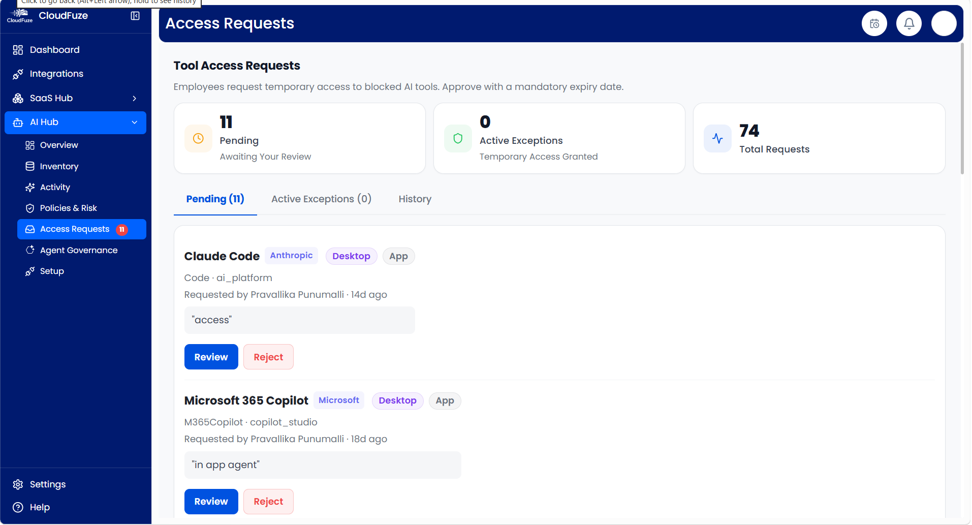 CloudFuze Manage: Limited User Access Requests