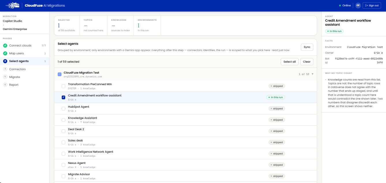 Selecting Copilot Studio agents to migrate to Gemini Enterprise